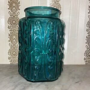 Vintage LE Smith Imperial Atterbury Scroll Canister Jar Teal Glass Apothecary